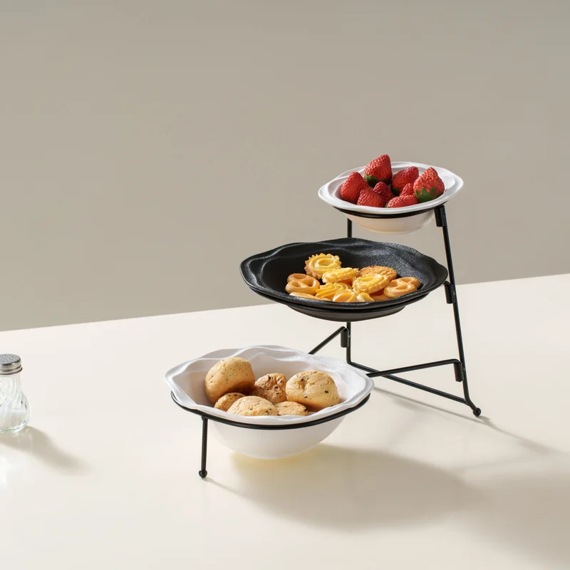 Shallow Shallow 3-Tier Porcelain Bowl Set with Stand – 15cm, 21cm & 22cm Taqdeem Set-Food Tower for Home & Majlis - Black & White Mawaheen for Salads, Dips & Coffee Station Hosting